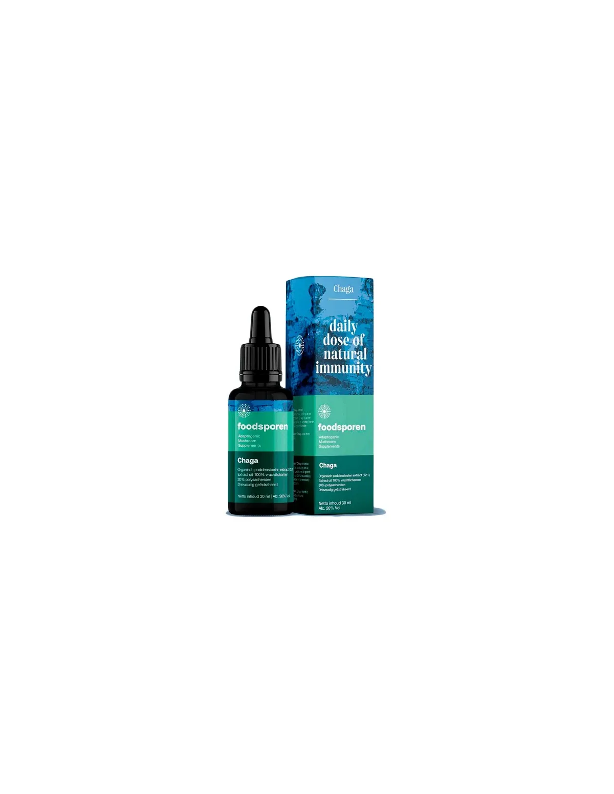 Chaga-Extrakt 12:1 (Inonotus obliquus), 30 ml – Foodsporen – Flasche und Faltschachtel