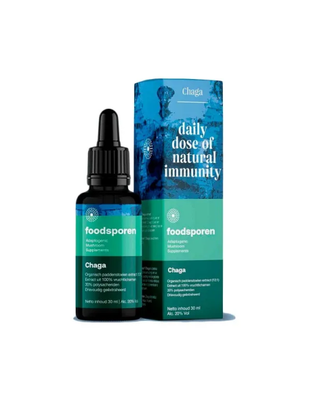 Chaga-Extrakt 12:1 (Inonotus obliquus), 30 ml – Foodsporen – Flasche und Faltschachtel