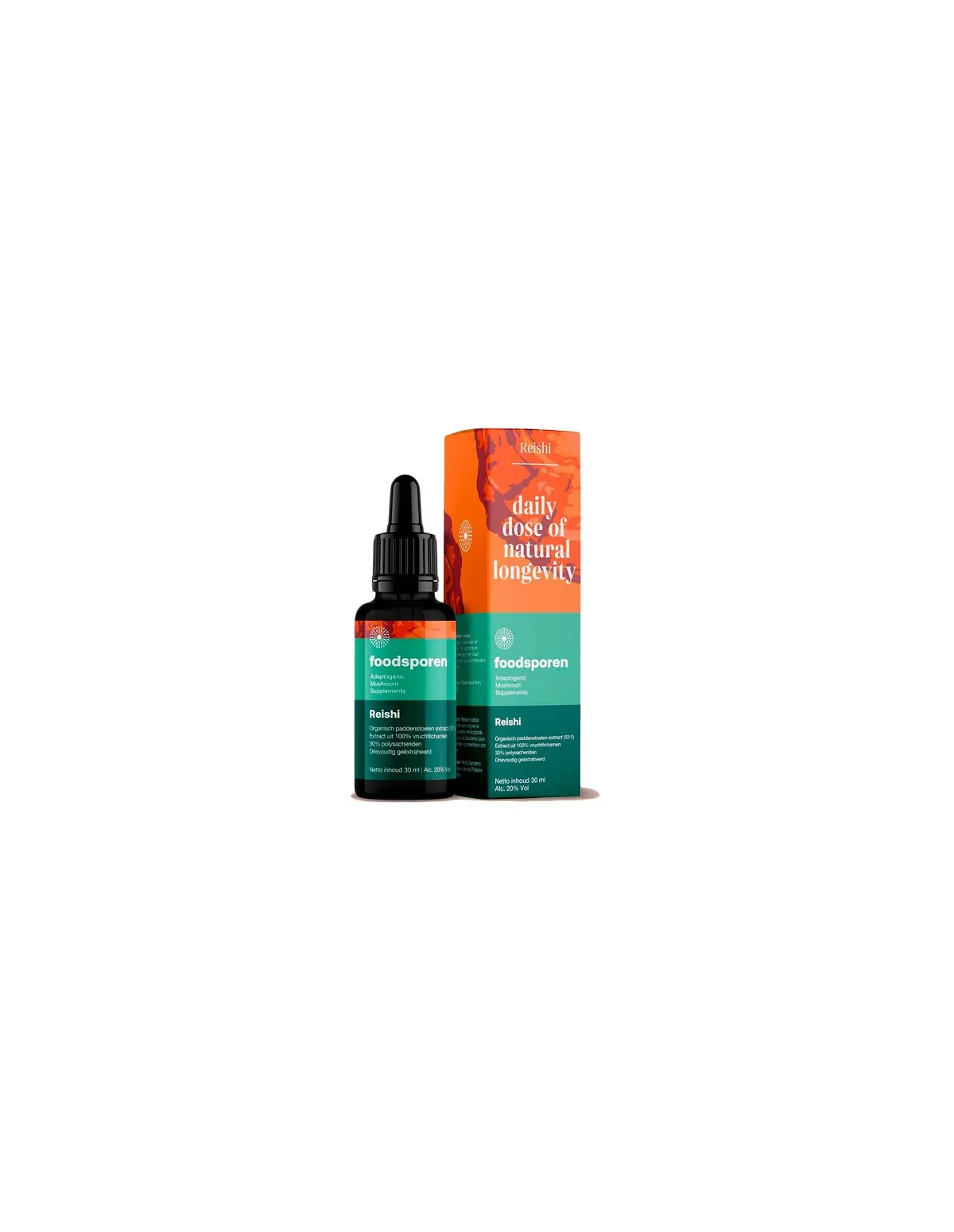 Reishi-Extrakt 12:1 (Ganoderma lucidum), 30 ml – Foodsporen – Pipettenflasche und Umkarton