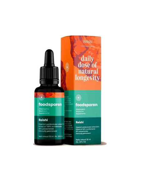 Reishi-Extrakt 12:1 (Ganoderma lucidum), 30 ml – Foodsporen – Pipettenflasche und Umkarton