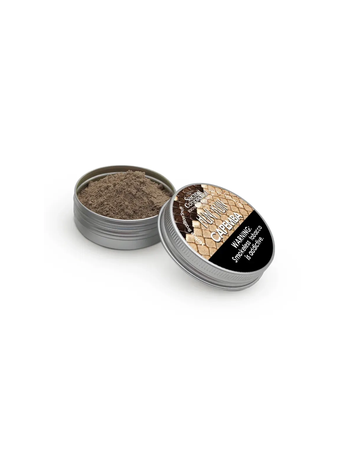Rapé Huni Kuin – Capemba – geöffnete Dose mit Pulver und beschriftetem Deckel