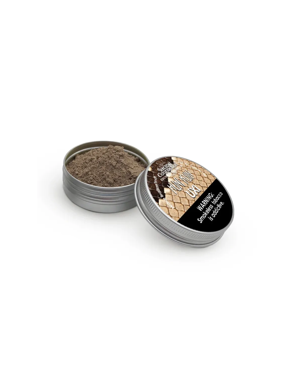 Rapé Huni Kuin – Uxi – geöffnete Dose mit Pulver und Deckel mit Warnhinweis