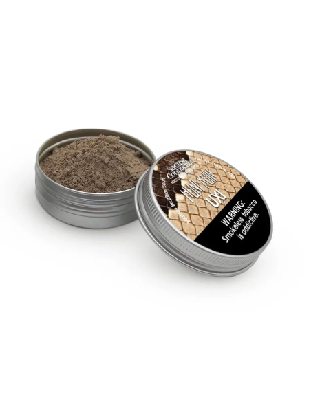 Rapé Huni Kuin – Uxi – geöffnete Dose mit Pulver und Deckel mit Warnhinweis
