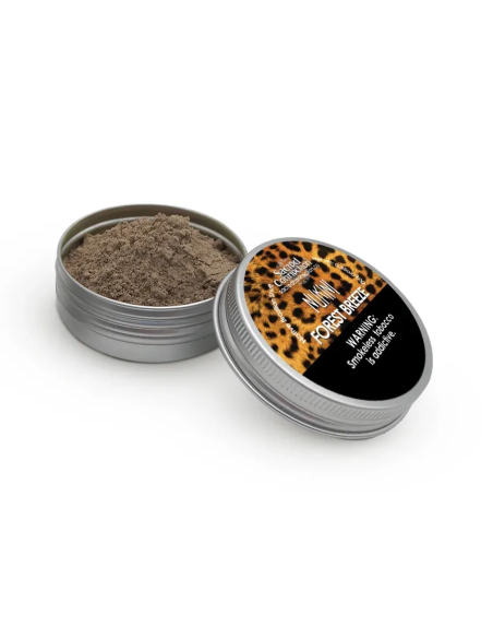 Rapé Nukini – Forest Breeze – geöffnete 10-g-Dose neben dem beschrifteten Deckel