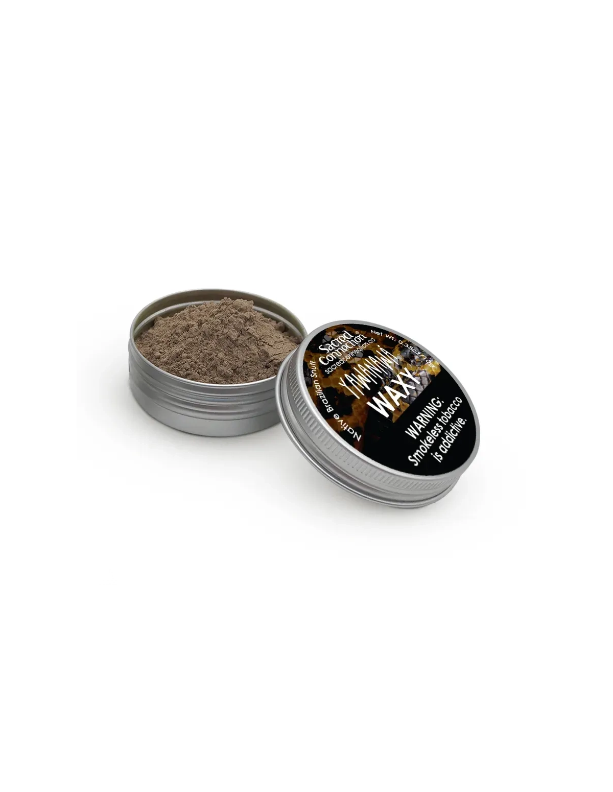 Rapé Yawanawa – Waxy – geöffnete Dose und etikettierter Deckel