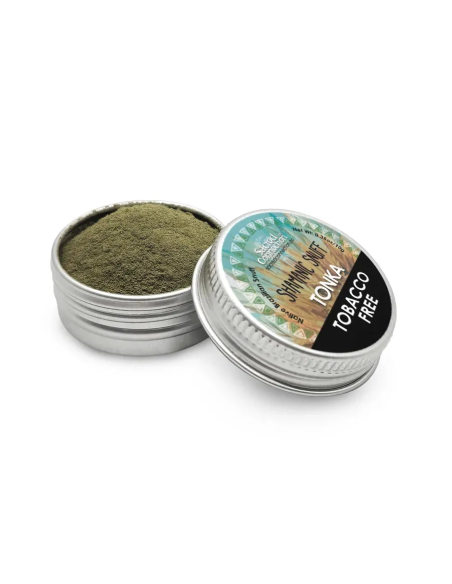 Tabakfreier Rapé – Tonka – geöffnete 10-g-Dose, Etikett mit Tobacco Free