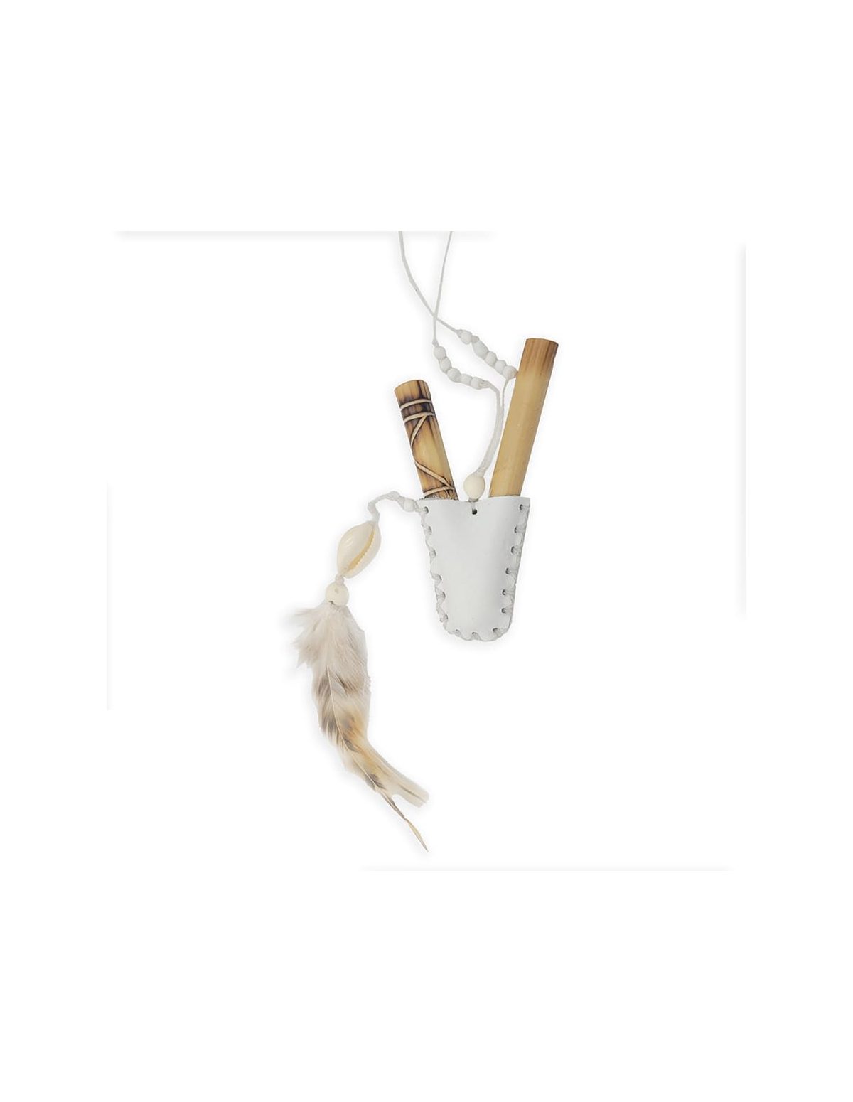 Bambus-Kuripe – Ararunart White – Röhren in weißer Ledermanschette mit Perlen, Muschel und Feder