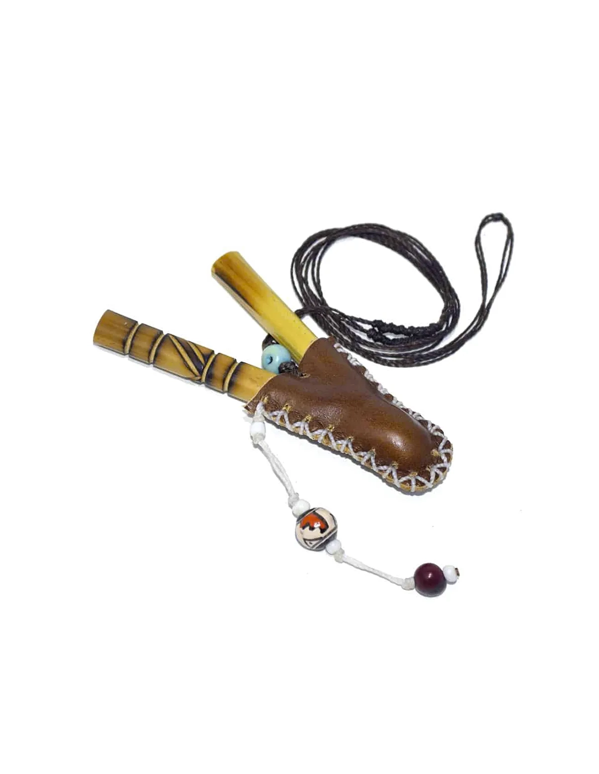 Bambus-Kuripe – Ararunart Brown – Röhren in geschnürter brauner Ledermanschette mit dunkler Schnur und Perlen