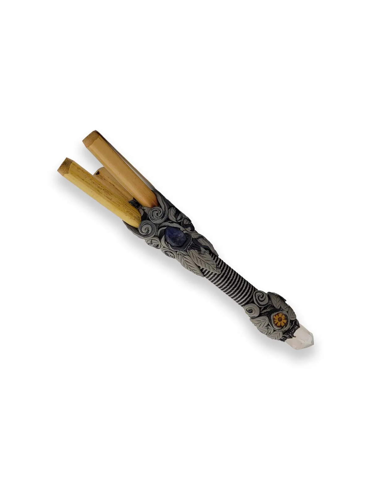 Bambus-Kuripe – Crystal Double Barrel – XL – drei Bambusröhren, modellierter Körper und Kristallspitze