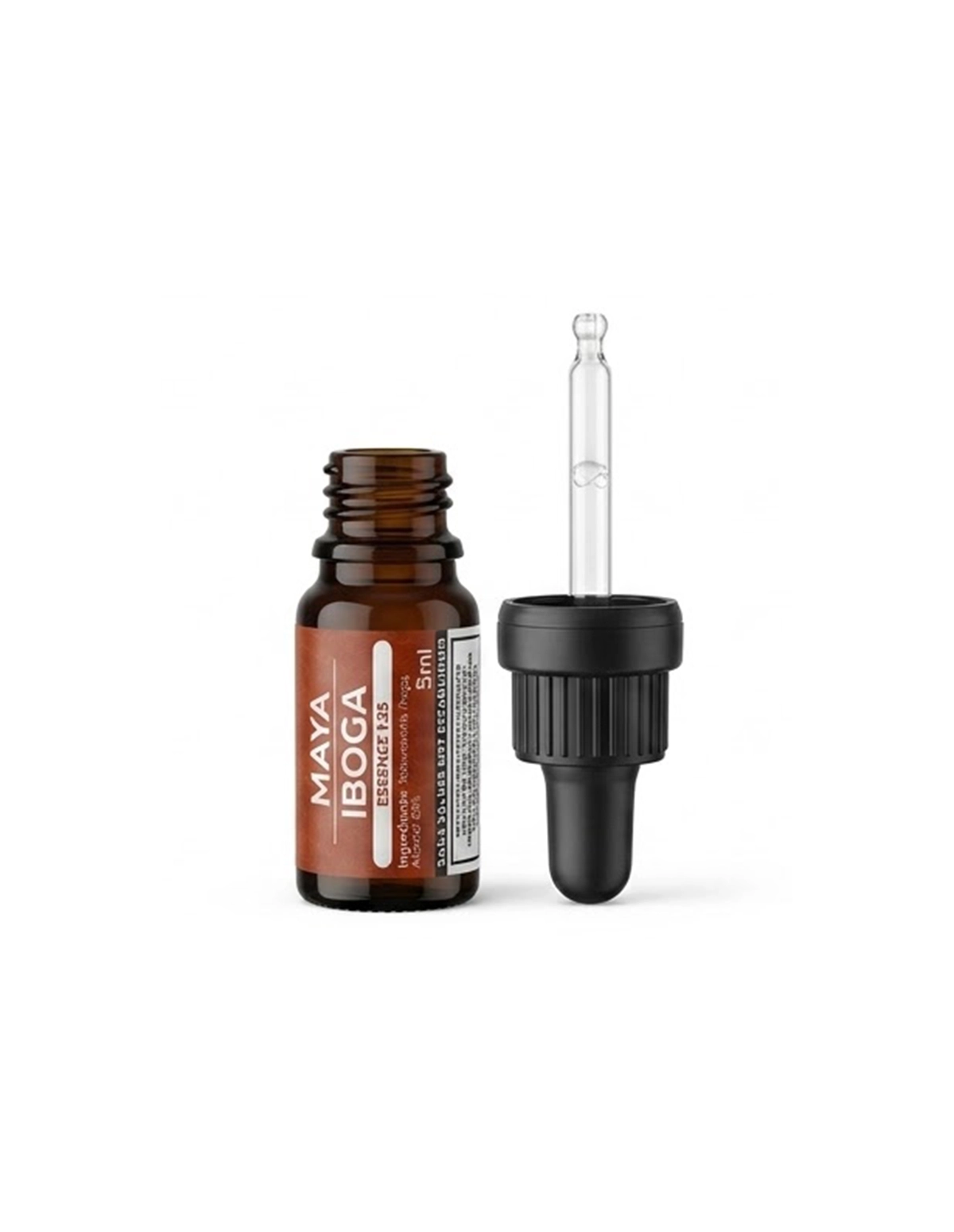 Iboga-Essenz 1:25 (Tabernanthe iboga) – Wurzelrinde, 5 ml – geöffnete Flasche mit Pipette