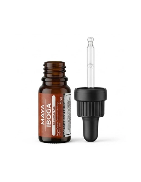 Iboga-Essenz 1:25 (Tabernanthe iboga) – Wurzelrinde, 5 ml – geöffnete Flasche mit Pipette
