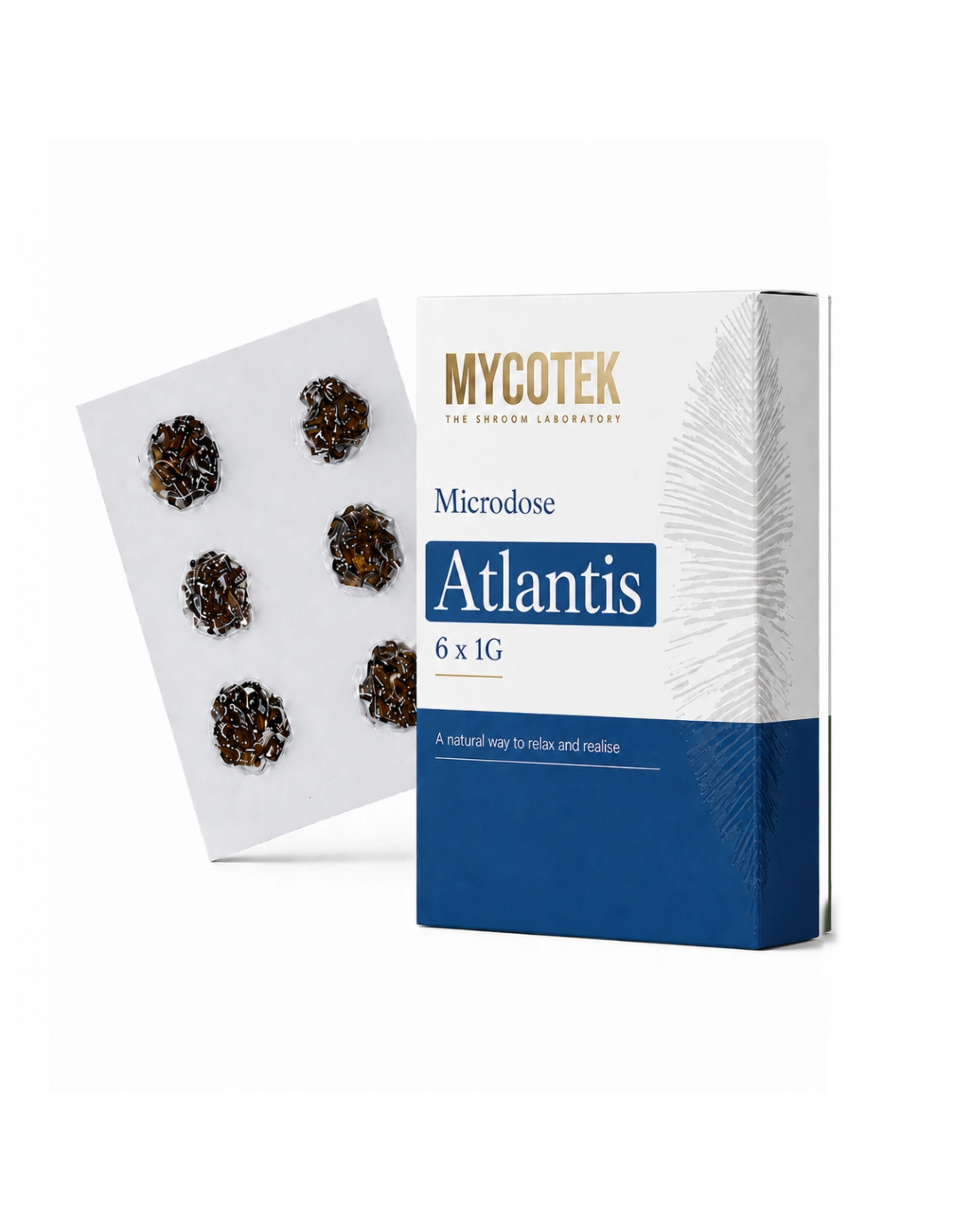Microdosing-Pack Atlantis – Mycotek, 6 × 1 g – Schachtel und Karte mit sechs Portionen