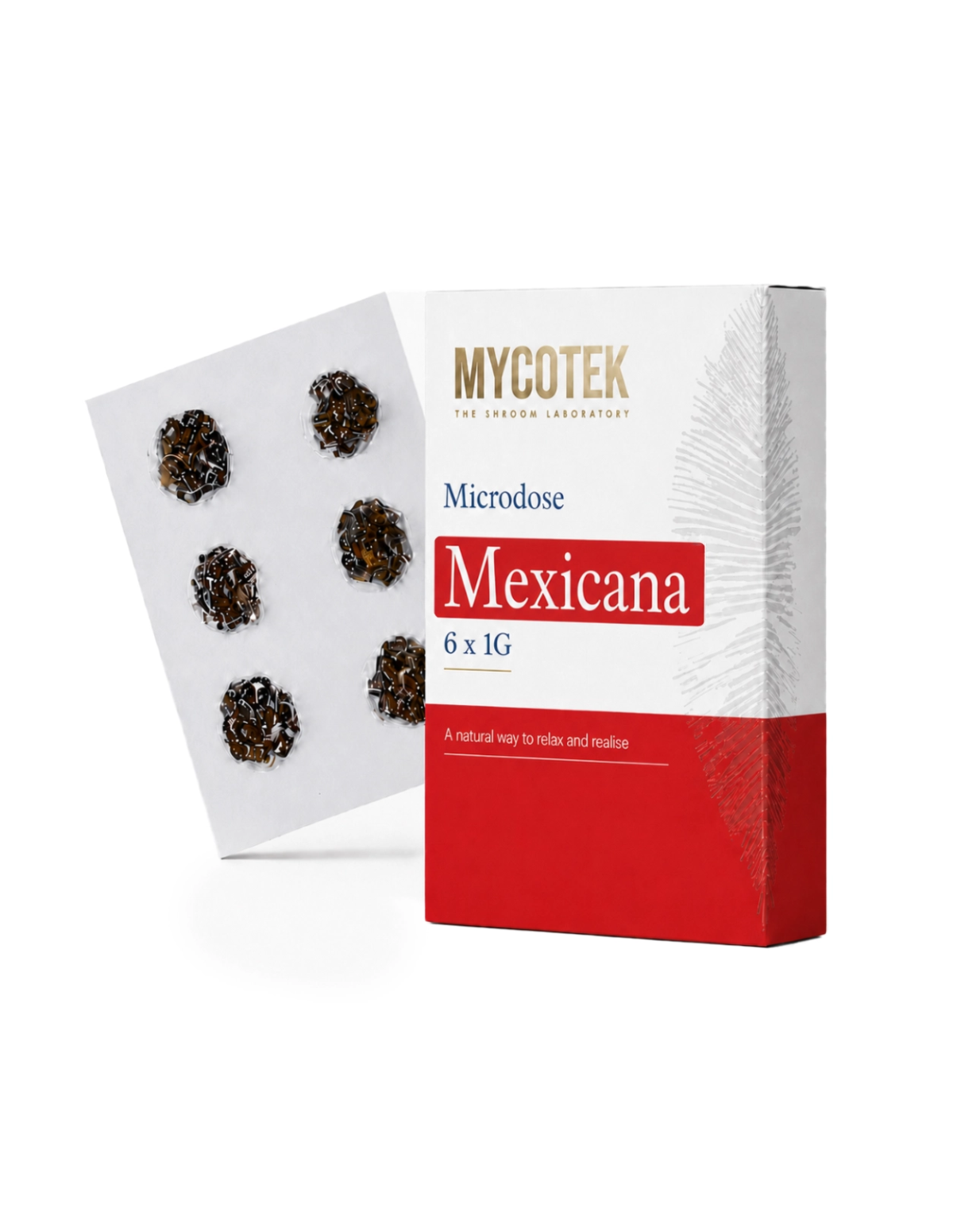 Microdosing-Pack Mexicana – Mycotek, 6 × 1 g – Schachtel und Karte mit sechs Portionen
