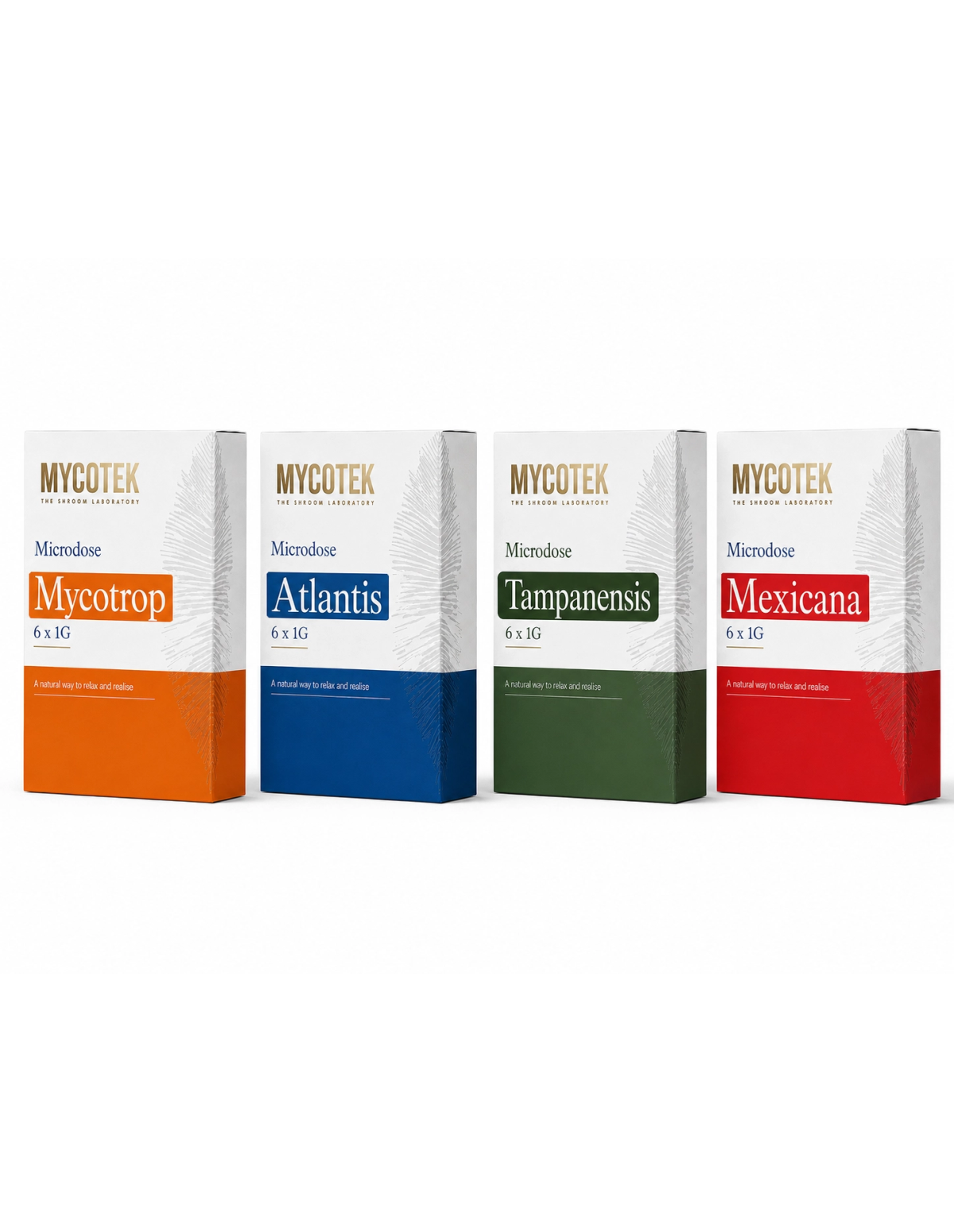 Microdosing-Pack Atlantis – Mycotek, 6 × 1 g – die vier Mycotek-Schachteln 6 × 1 g nebeneinander