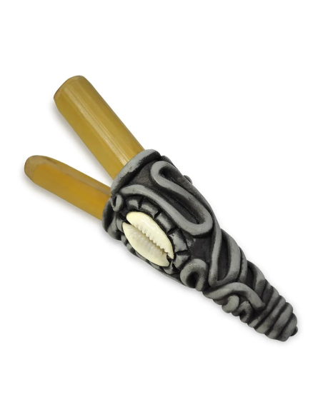 Bambus-Kuripe – Senna – grau-schwarze Harzfassung mit Kaurimuschel