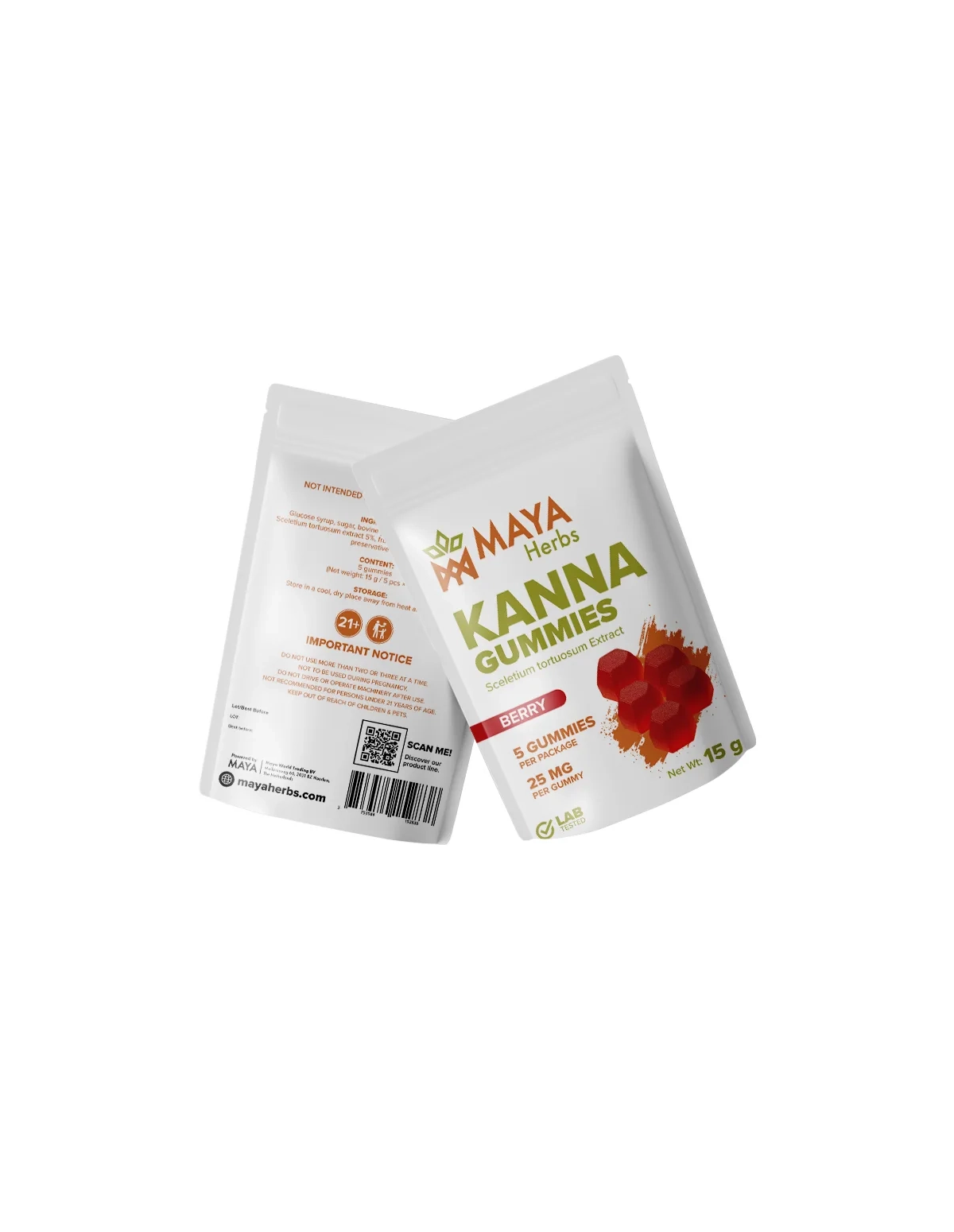 Kanna-Gummies (Sceletium tortuosum) – Berry, 5 Stück – Beutel, Vorder- und Rückseite