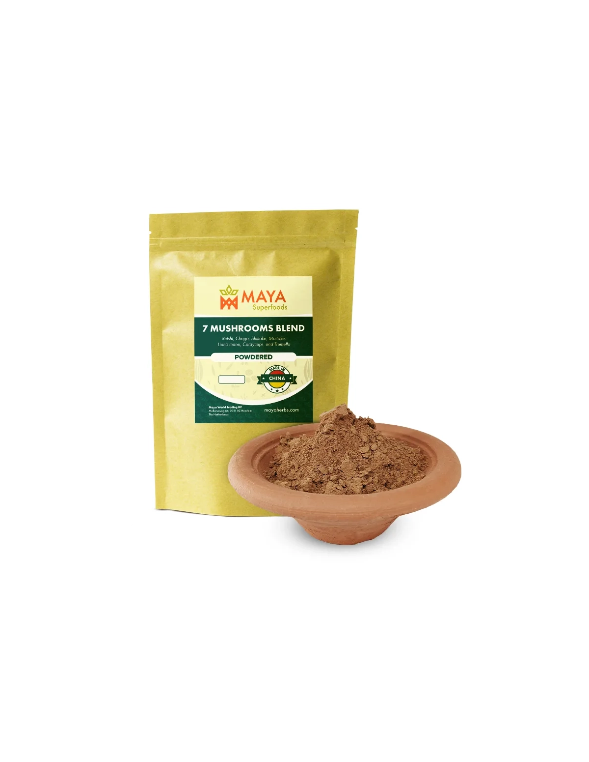 7-Pilze-Mischung als Pulver – mit Reishi, Chaga und Igelstachelbart – Beutel mit Etikett und Pulver