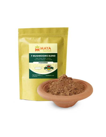 7-Pilze-Mischung als Pulver – mit Reishi, Chaga und Igelstachelbart – Beutel mit Etikett und Pulver