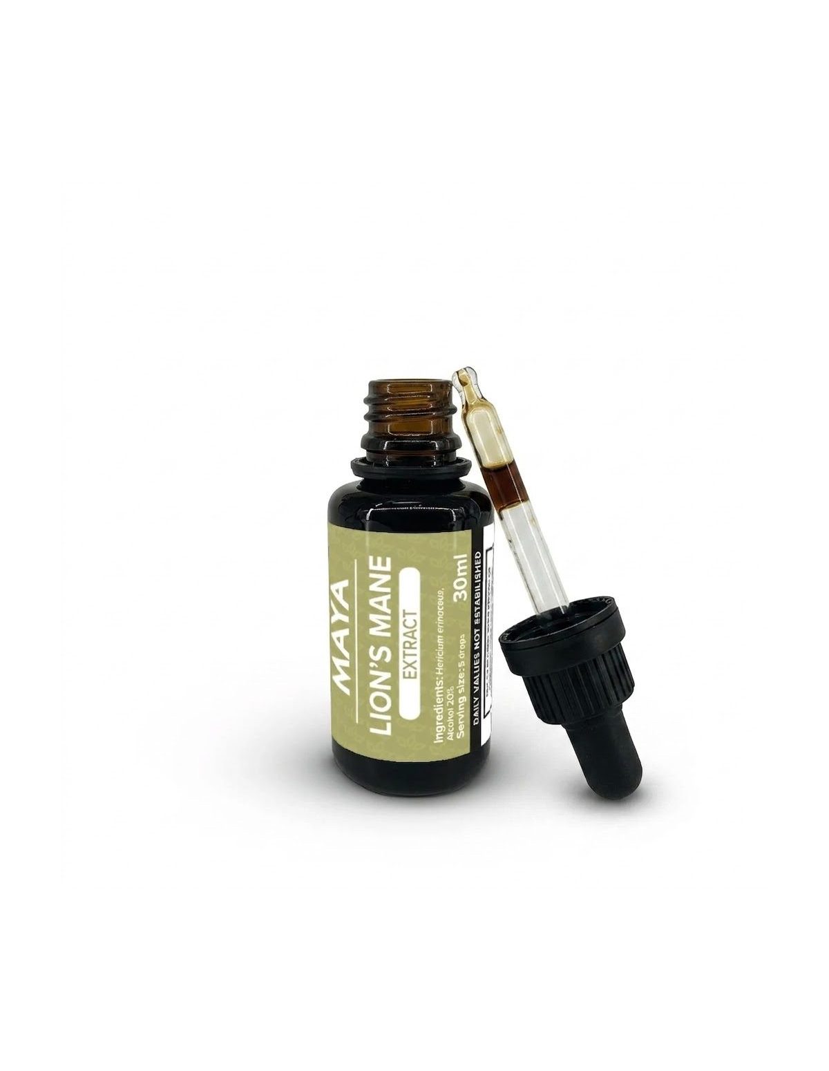 Igel-Stachelbart-Extrakt (Hericium erinaceus), 30 ml – Maya – geöffnete Flasche mit Pipette
