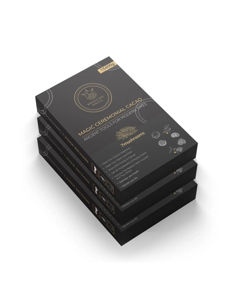 Zeremonieller Bio-Kakao Medicine Magic – 7 Pilze, Kolumbien – drei Schachteln zu 400 g, Vorderseite