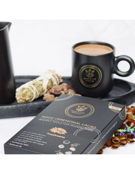 Zeremonieller Bio-Kakao Medicine Magic – 7 Pilze, Kolumbien – Schachtel zu 400 g, Vorderansicht