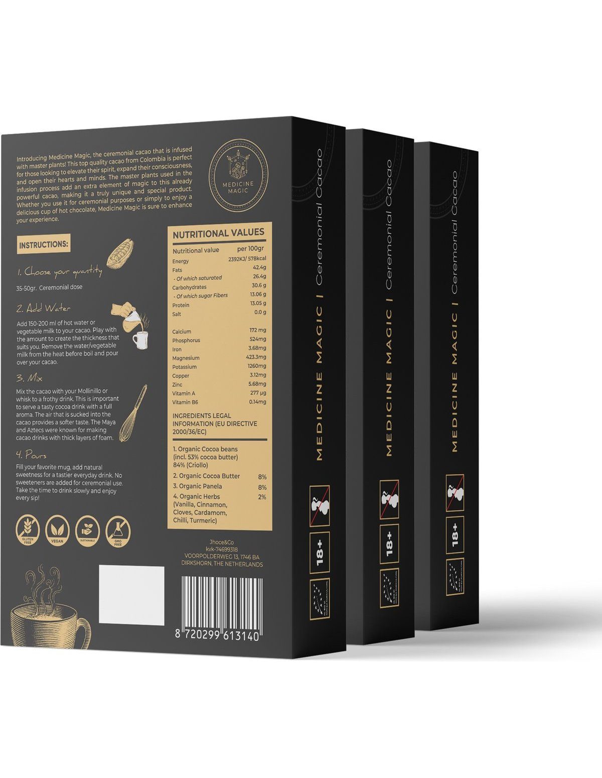 Zeremonieller Bio-Kakao Medicine Magic – 7 Pilze, Kolumbien – Rückseite der Schachtel