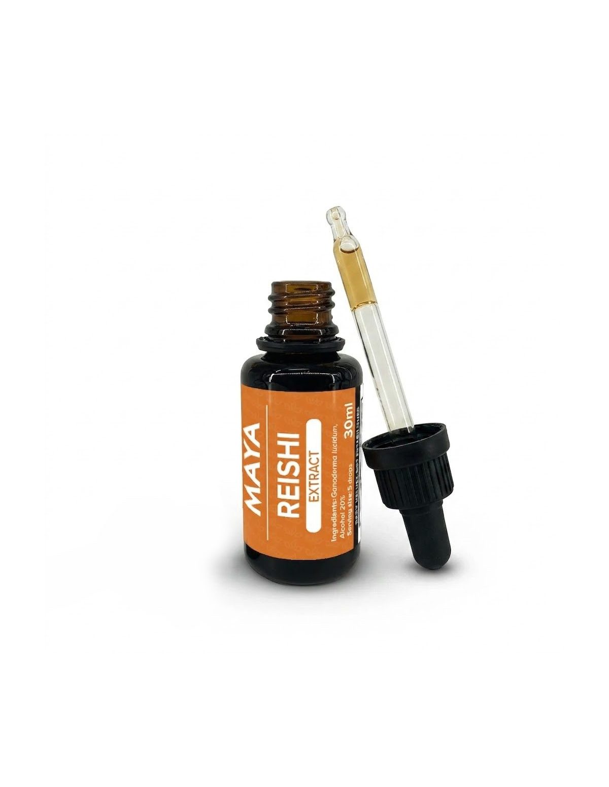 Reishi-Extrakt (Ganoderma lucidum), 30 ml – Maya – geöffnete Flasche mit Pipette
