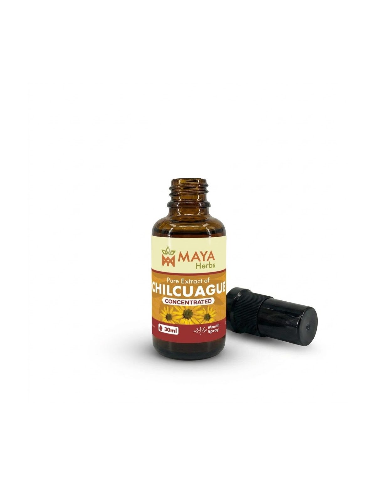 Chilcuague-Extrakt (Heliopsis longipes), Konzentrat-Spray, 30 ml – geöffnete Flasche und Sprühkopf