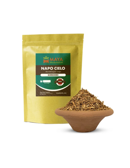 Napo Cielo (Banisteriopsis caapi) – fein geschredderte Liane aus Peru – Beutel mit Etikett und Tonschale