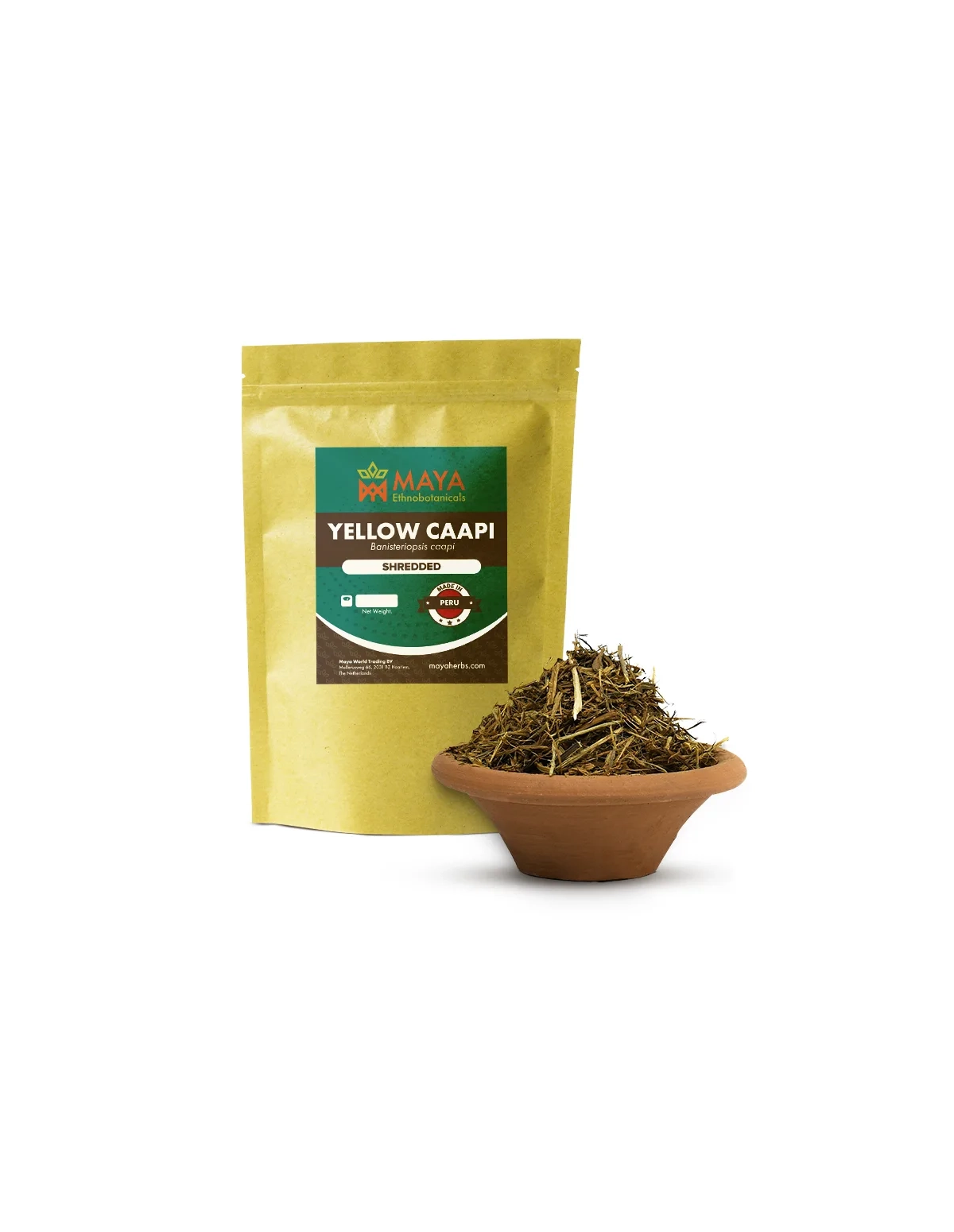 Gelbe Ayahuasca (Banisteriopsis caapi) – geschredderte Liane aus Peru – Maya-Beutel neben einer Schale mit Liane