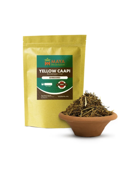 Gelbe Ayahuasca (Banisteriopsis caapi) – geschredderte Liane aus Peru – Maya-Beutel neben einer Schale mit Liane