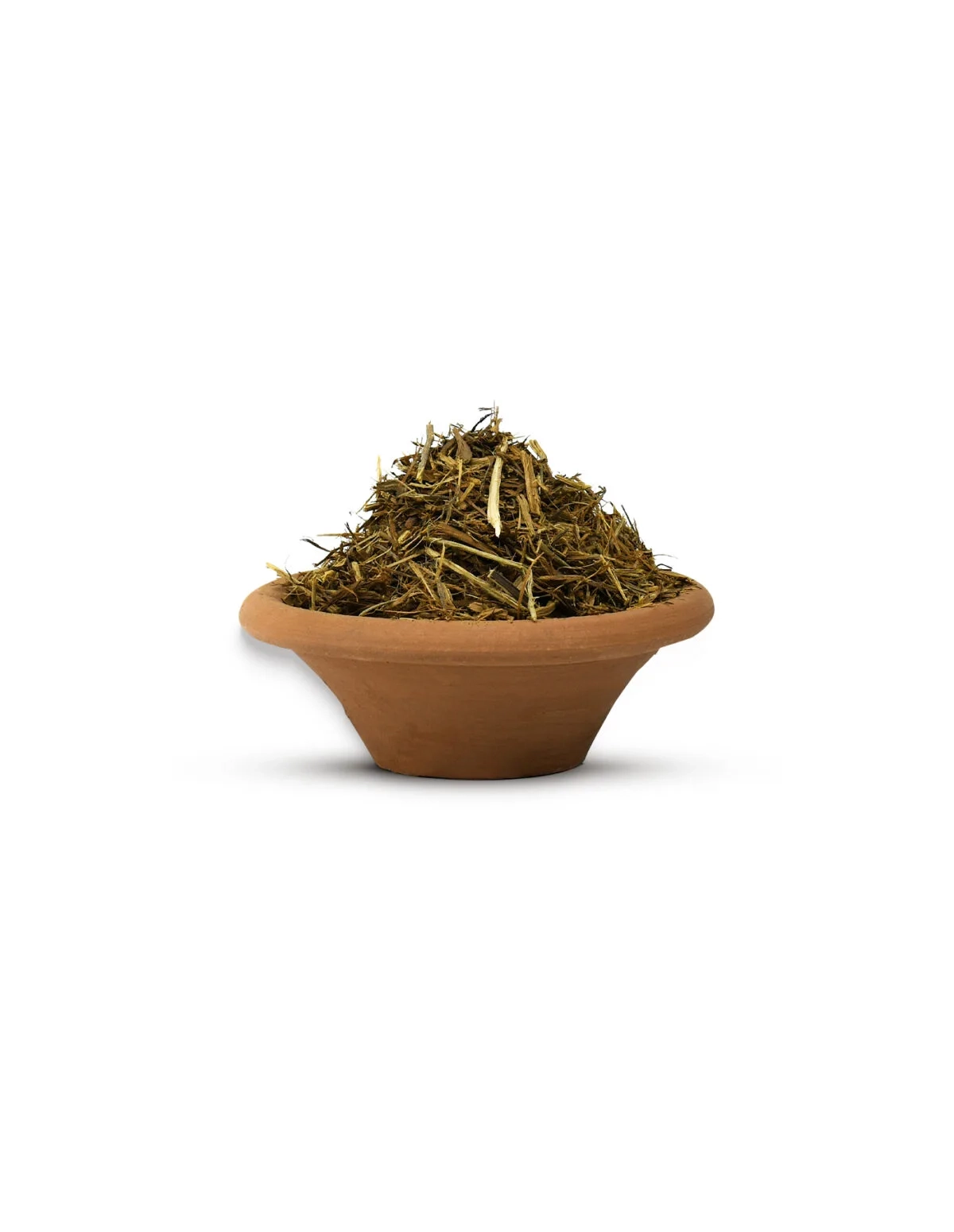 Gelbe Ayahuasca (Banisteriopsis caapi) – geschredderte Liane aus Peru – geschredderte Liane in einer Tonschale