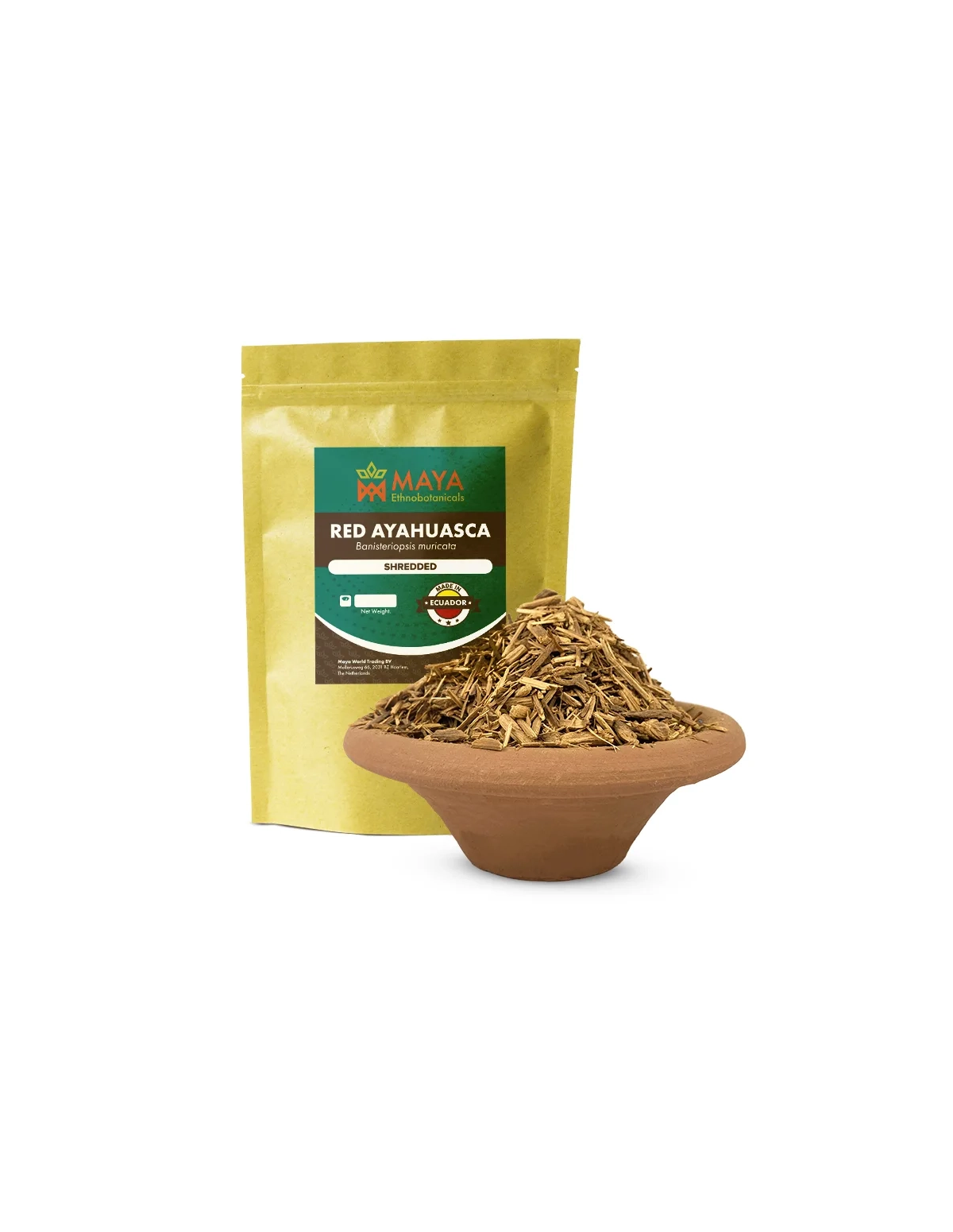 Rote Ayahuasca (Banisteriopsis muricata) – geschreddert, Ecuador – Maya-Beutel neben einer Schale mit Liane