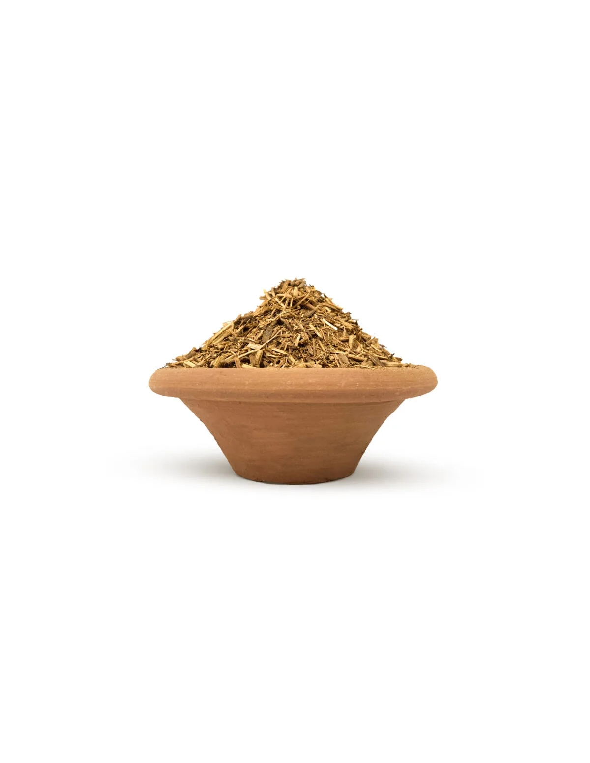 Rote Ayahuasca (Banisteriopsis muricata) – geschreddert, Ecuador – geschredderte Liane in einer Tonschale