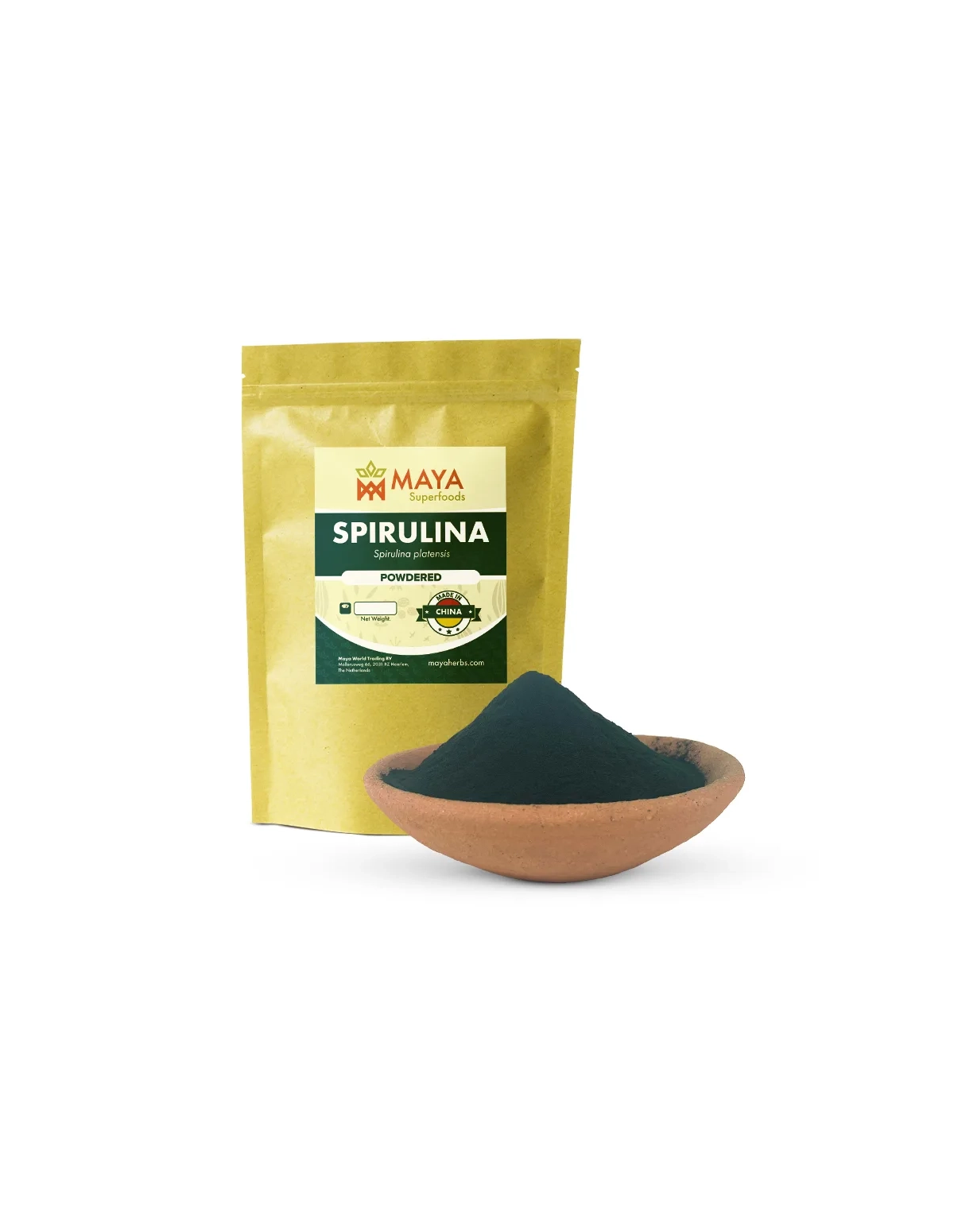 Spirulina – Spirulina platensis – Beutel von Maya Superfoods und Pulver in einer Schale
