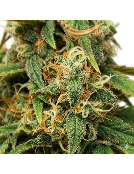 Amnesia Lemon Auto Samen – Just Seeds – Nahaufnahme einer Cannabisblüte, Illustration