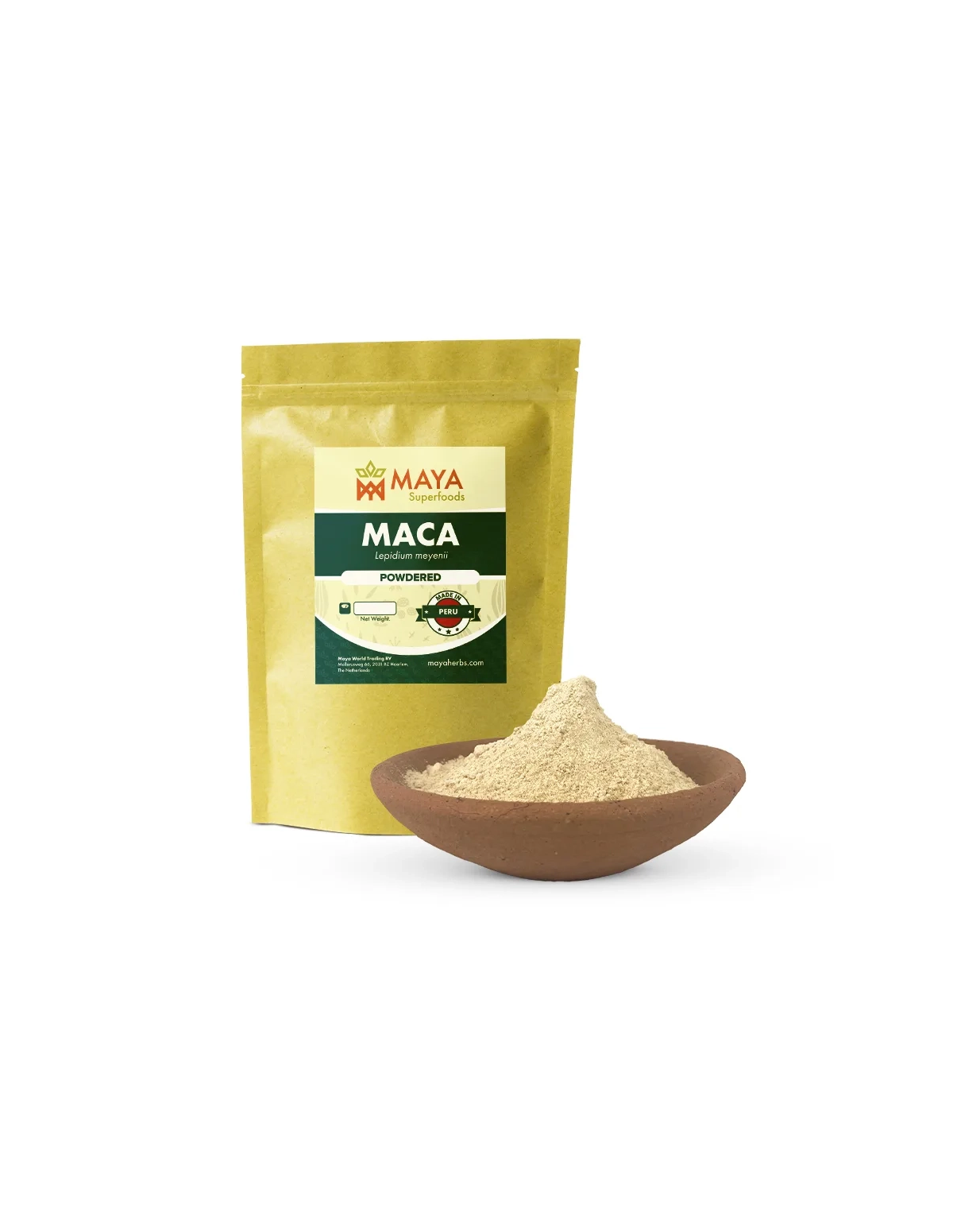 Maca – Lepidium meyenii – Beutel von Maya Superfoods und Wurzelpulver in einer Schale