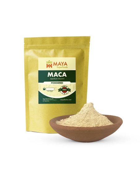 Maca – Lepidium meyenii – Beutel von Maya Superfoods und Wurzelpulver in einer Schale