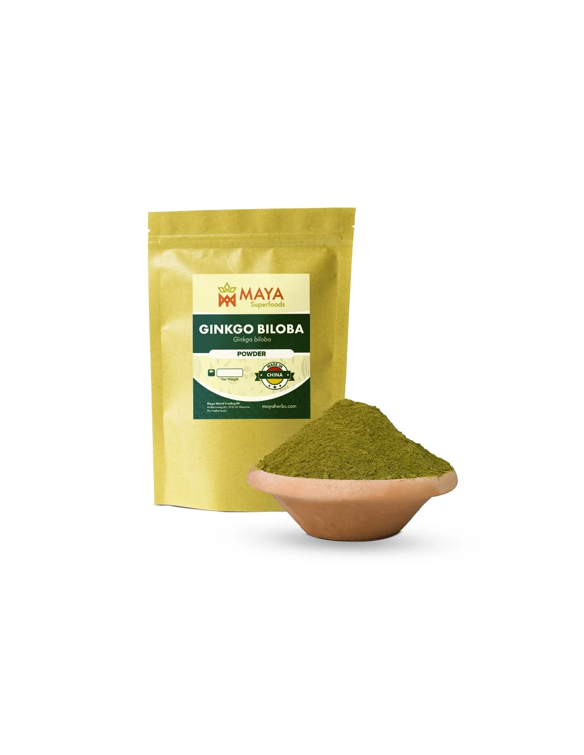 Ginkgo (Ginkgo biloba) – Beutel von Maya Superfoods und Blattpulver in einer Tonschale