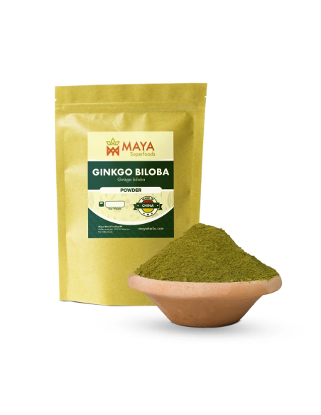 Ginkgo (Ginkgo biloba) – Beutel von Maya Superfoods und Blattpulver in einer Tonschale