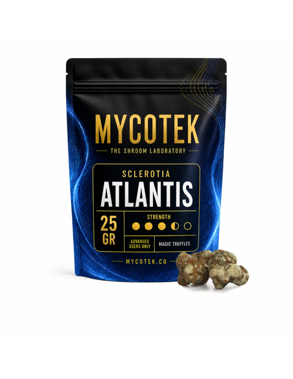Magische Trüffel Psilocybe Atlantis – Mycotek – Beutel mit 25 g, daneben einige Trüffel