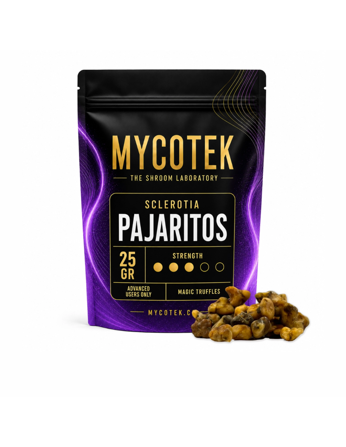 Magische Trüffel Psilocybe Pajaritos – Mycotek – Packung mit 25 g und Trüffel daneben
