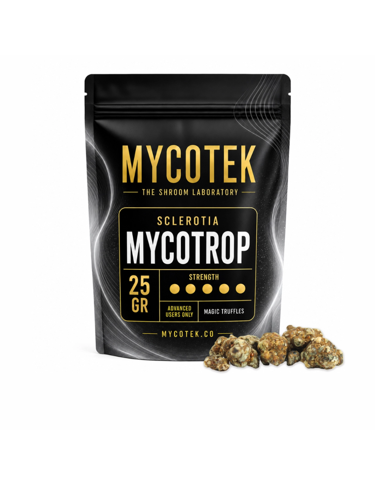 Magische Trüffel Psilocybe Mycotrop – Mycotek – 25-g-Packung mit Trüffeln daneben
