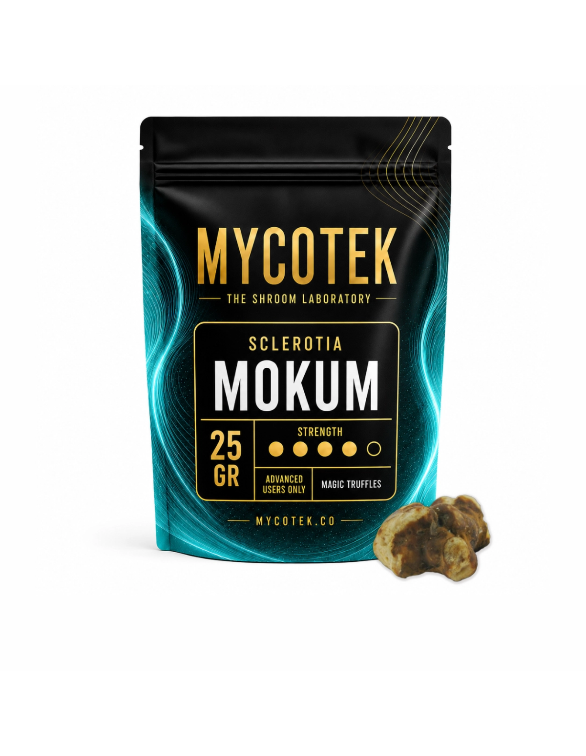 Magische Trüffel Psilocybe Mokum – Mycotek – Packung mit 25 g und eine Trüffel daneben