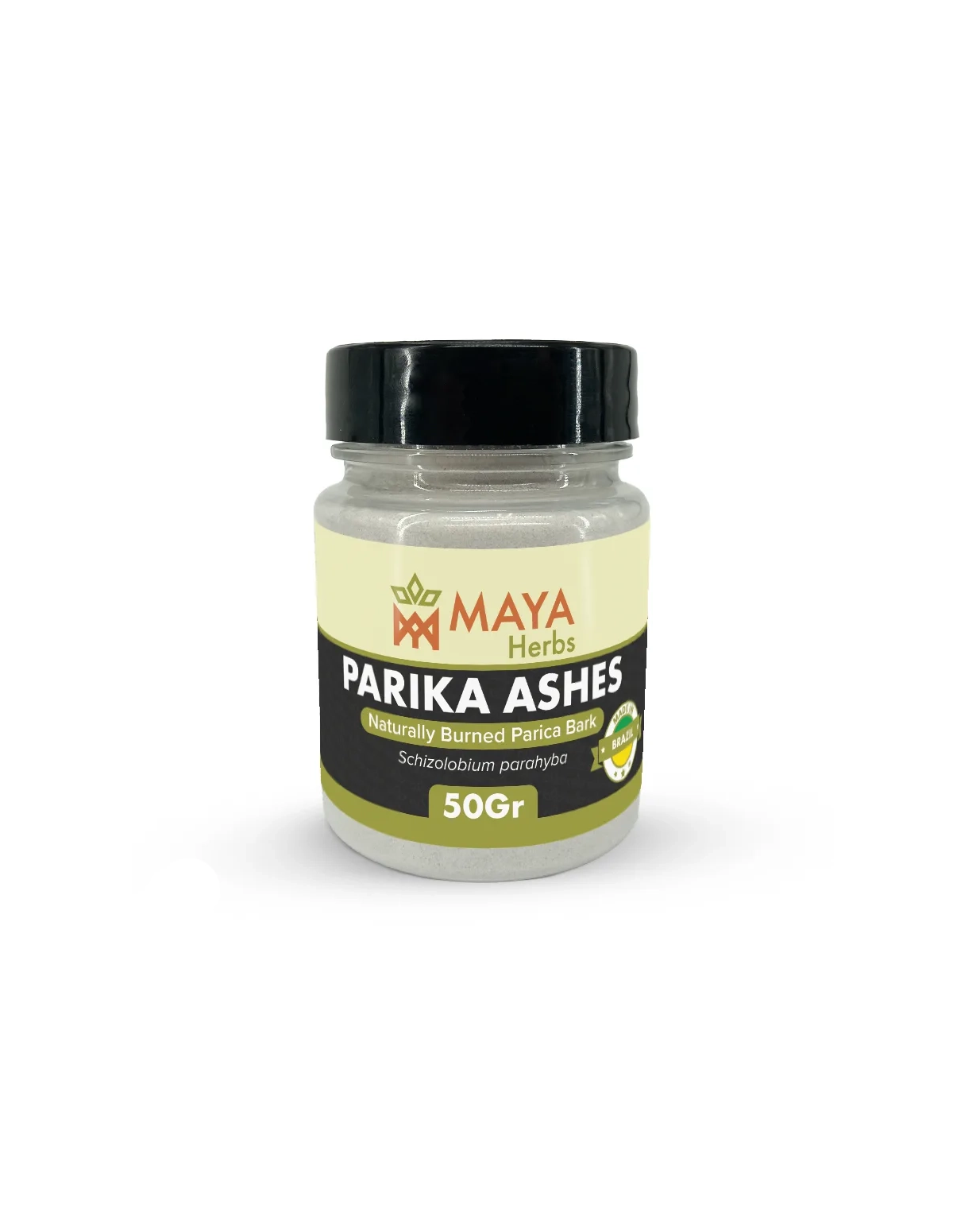 Parica-Rindenasche aus Brasilien – Pulver, Schizolobium parahyba – etikettierte 50-g-Dose, Vorderansicht