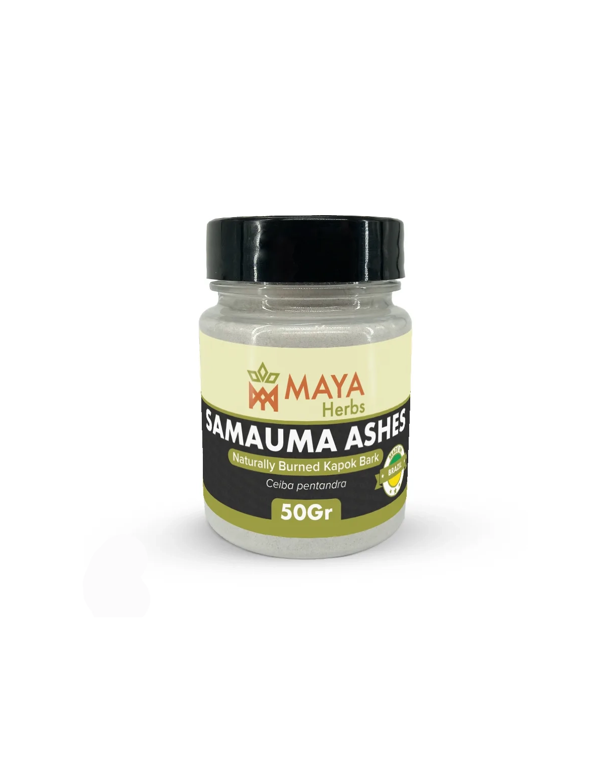 Samauma-Rindenasche aus Brasilien – Pulver, Ceiba pentandra – etikettierte Dose, Vorderansicht