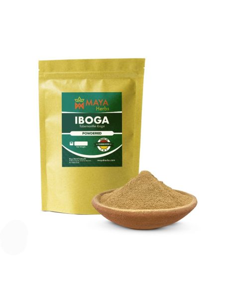 Iboga (Tabernanthe iboga) – Beutel von Maya Herbs und Wurzelrindenpulver in einer Tonschale