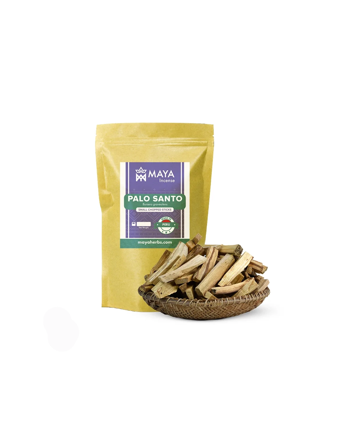 Palo Santo aus Peru – Kleine gehackte Holzstücke, Bursera graveolens – etikettierter Beutel und Korb mit Holzstücken