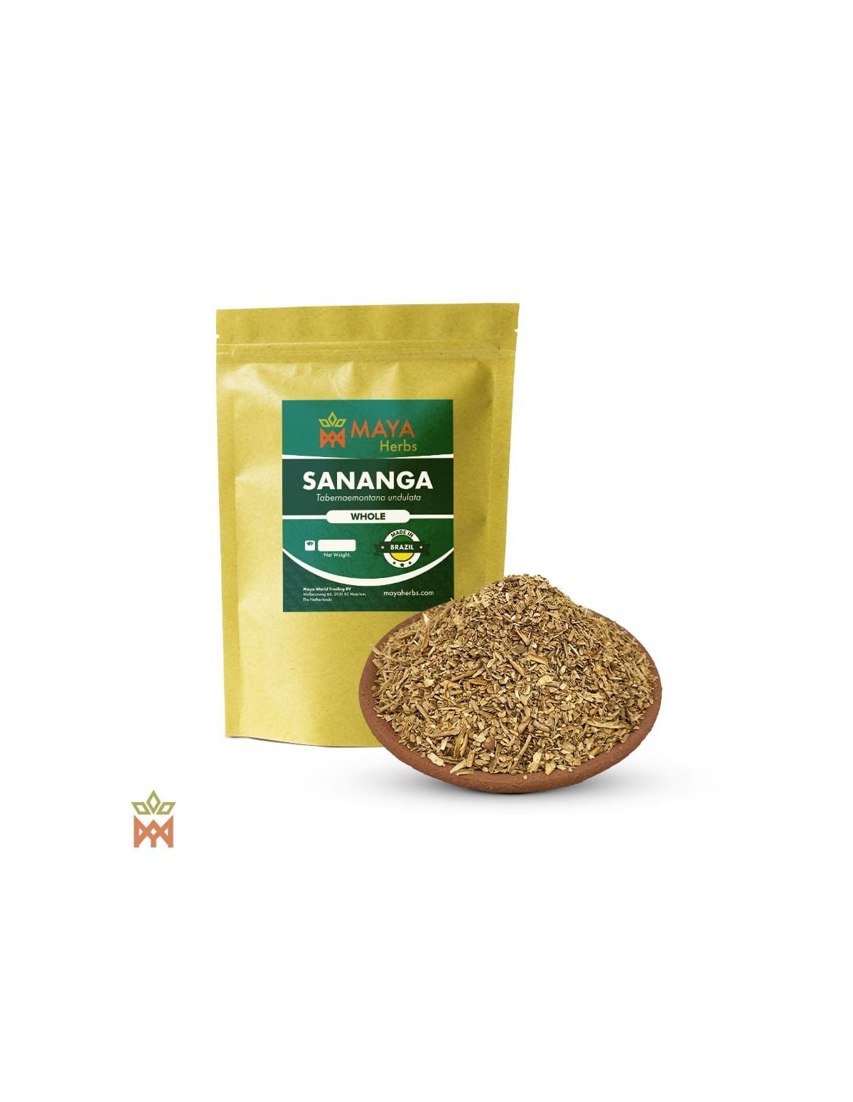 Katukina-Sananga-Wurzelrinde (Tabernaemontana undulata) – Beutel von Maya Herbs und zerkleinerte Rinde auf einer Tonschale