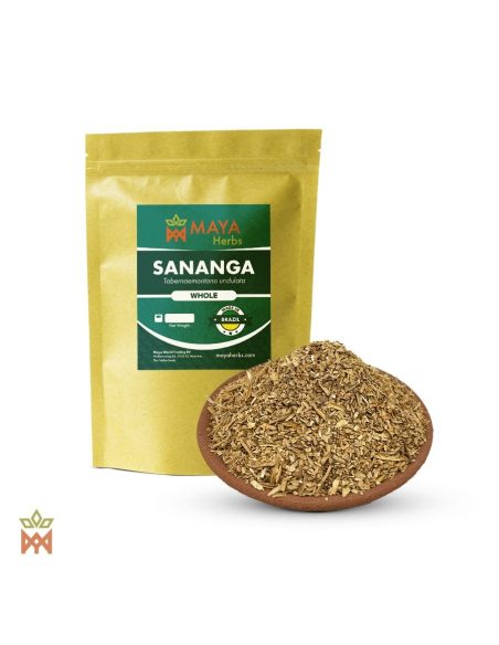 Katukina-Sananga-Wurzelrinde (Tabernaemontana undulata) – Beutel von Maya Herbs und zerkleinerte Rinde auf einer Tonschale